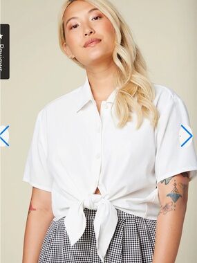 WAYRE Tie Front Button Up Collard Short Sleeve Blouse milk white medium